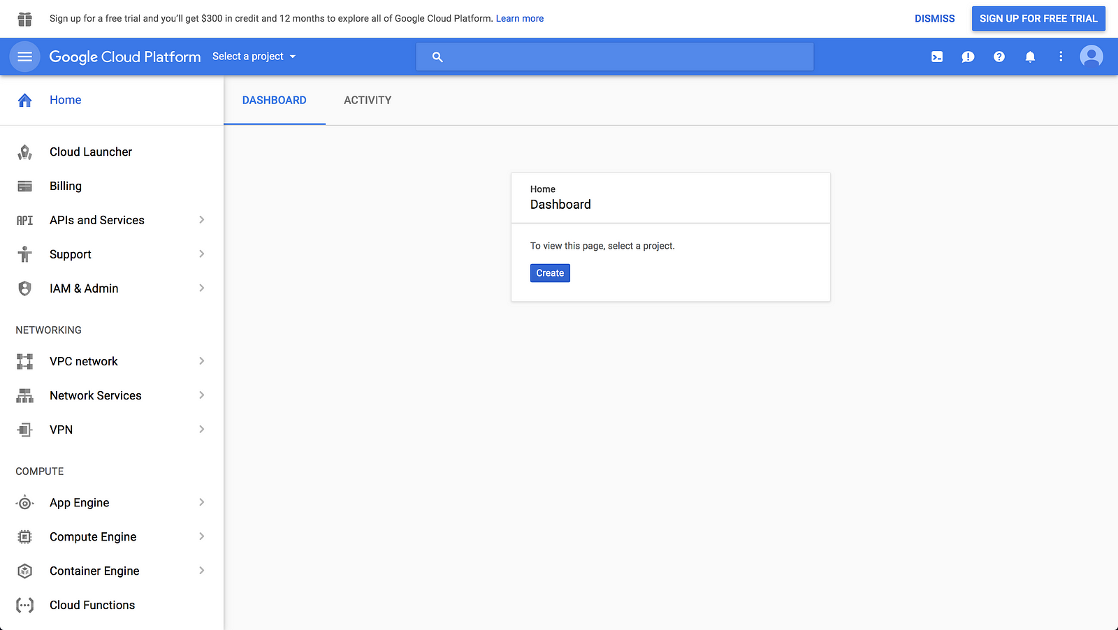 Google Cloud console - homepage